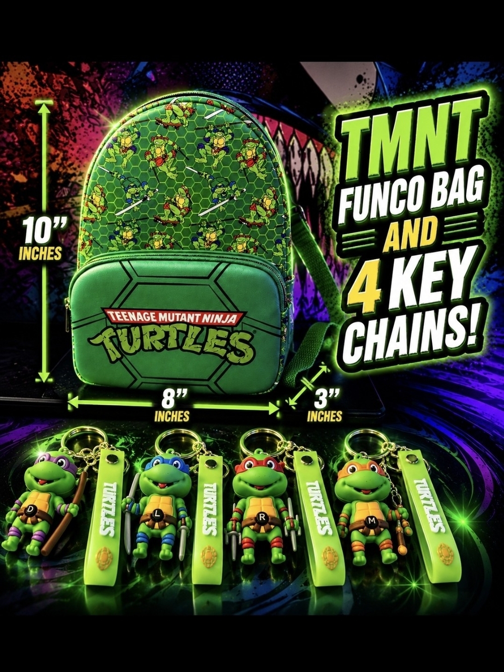 Teenage Mutant Ninja Turtles Green Mini Backpack with 4 Keychains